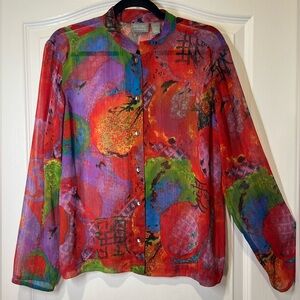 Additions By Chico’s Vibrant Abstract Print Sheer Button Up Top Women’s Size 2